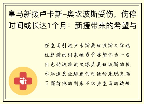 皇马新援卢卡斯-奥坎波斯受伤，伤停时间或长达1个月：新援带来的希望与考验